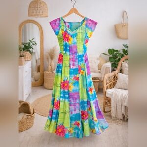 JAMS World Vintage Hawaiian Floral Back-Tie Midi Dress Vibrant Floral Maxi Dress